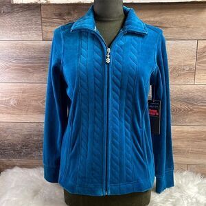 THREE HEARTS Ladies Teal Zip Up Quilted Velour Windbreaker Jacket Size Small NWT